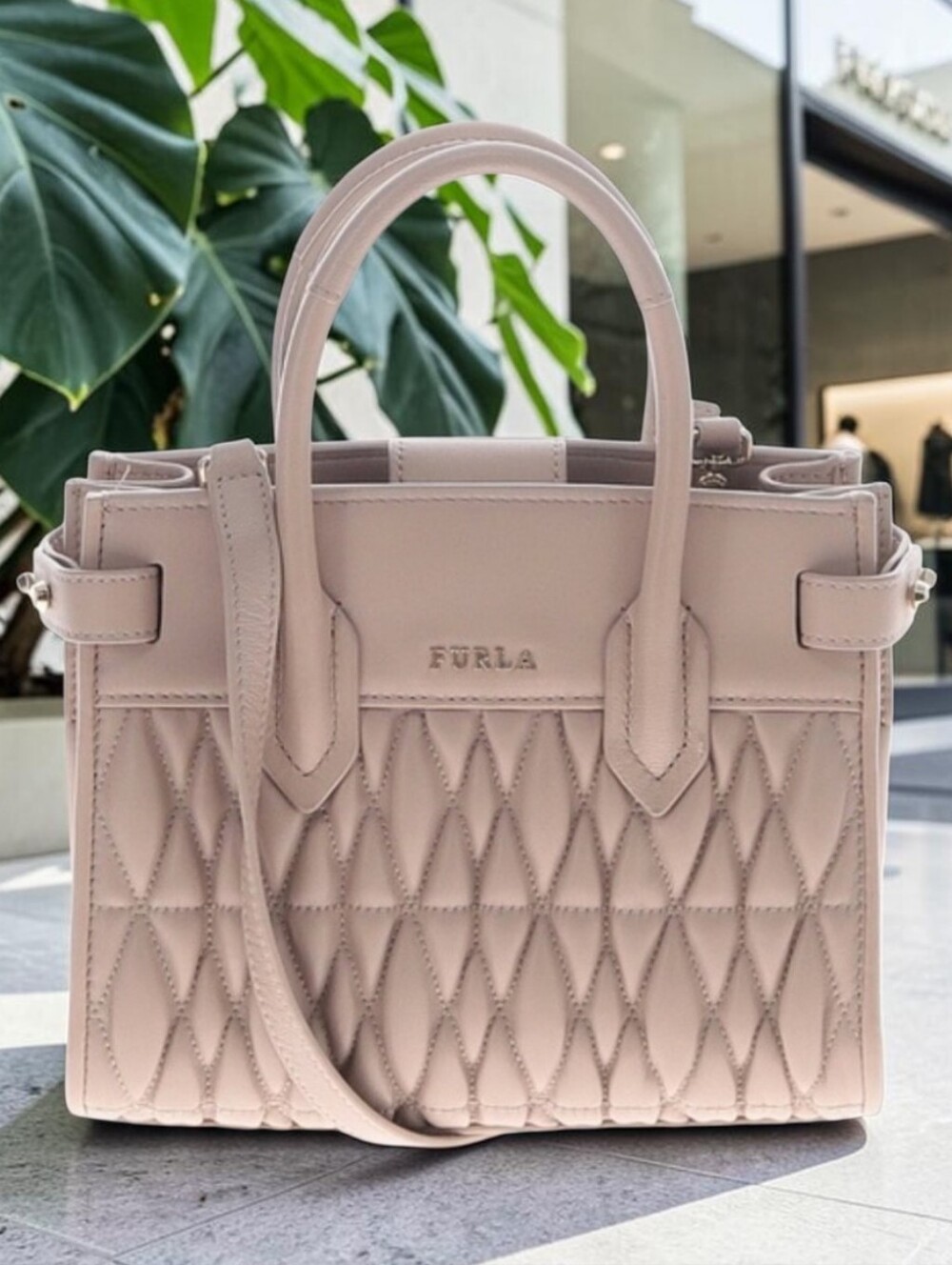 Furla khaki Pin Cometa Tote crossbody bag purse EUC